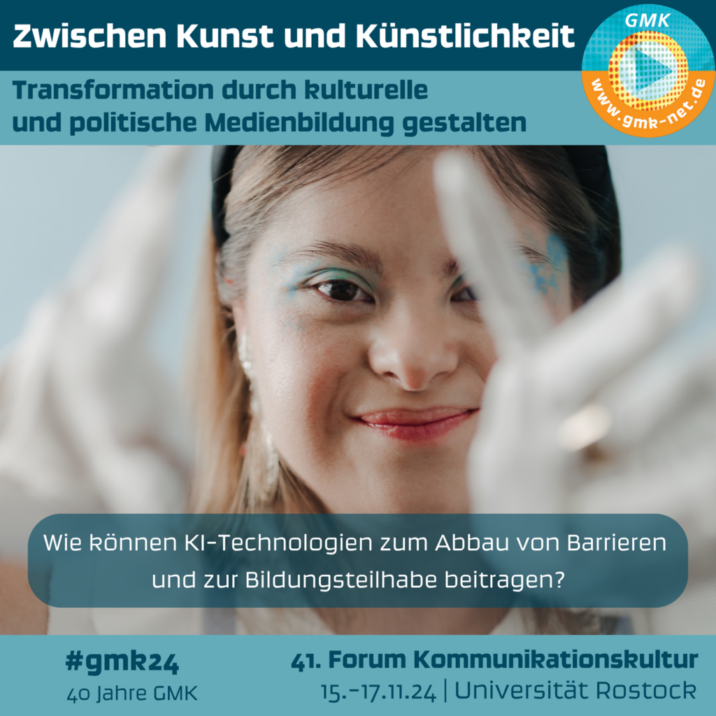 Kampagne zum Forum 2024: Wie können KI-Technologien zum Abbau von Barrieren und zur Bildungsteilhabe beitragen? Foto einer Person mit Downsyndrom