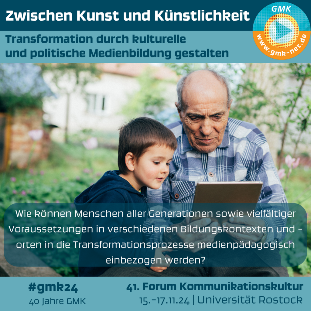 Kampagne zum Forum 2024: Wie können Menschen aller Generationen sowie vielfältiger Voraussetzungen in verschiedenen Bildungskontexten und -orten in die Transformationsprozesse medienpädagogisch einbezogen werden? Foto von älterem Mann und kleinem Jungen mit Tablet