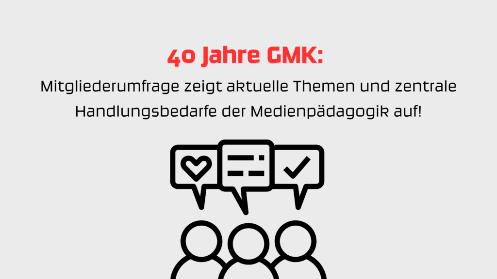 40 Jahre GMK: Mitgliederumfrage zeigt aktuelle Themen und zentrale Handlungsbedarfe der Medienpädagogik auf: drei Strichmännchen mit Sprechblasen