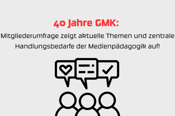 40 Jahre GMK: Mitgliederumfrage zeigt aktuelle Themen und zentrale Handlungsbedarfe der Medienpädagogik auf: drei Strichmännchen mit Sprechblasen