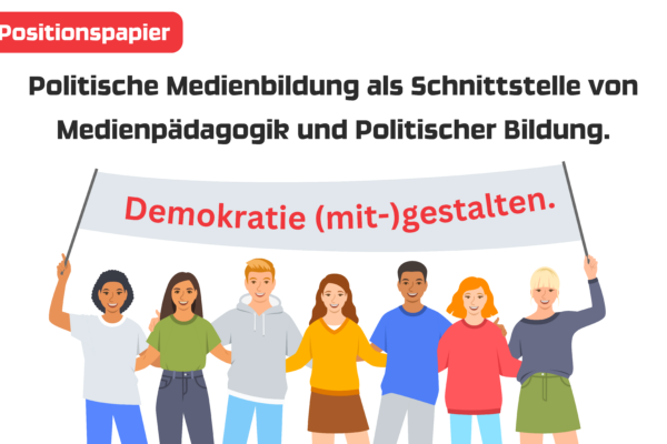 Sieben unterschiedliche Menschen halten ein Banner hoch mit der Aufschrift "Demokratie (mit-)gestalten"