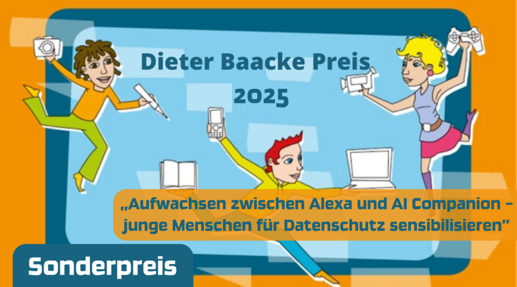 Dieter Baacke Preis Keyvisual: drei Figuren mit Medien