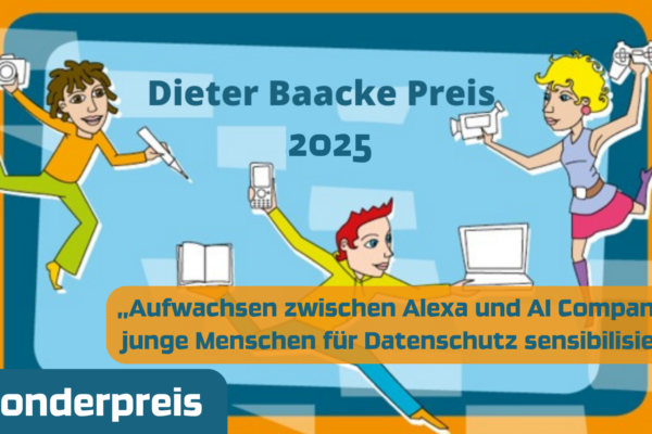 Dieter Baacke Preis Keyvisual: drei Figuren mit Medien